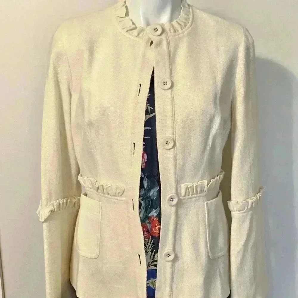 Tory Burch Lightweight Wool Blend Business Casual Cream Button Down Blazer(8)